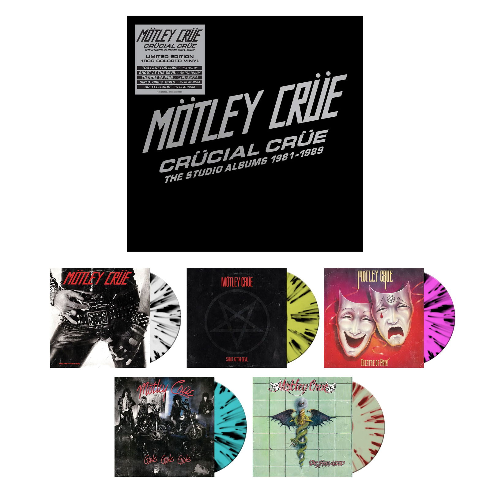 MÖTLEY CRUE – Caja Regalo Crucial Crue 5 Discos LPs Heavy con 5 CD Libro – The Studio Albums - Imagen 2